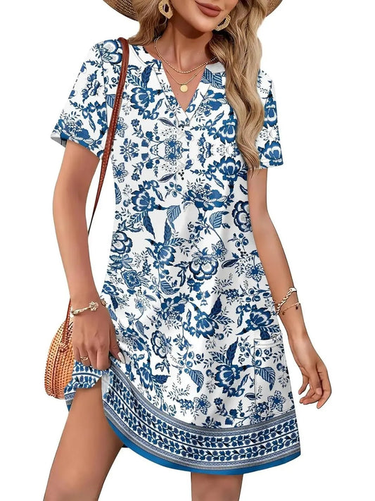 Women's Spring & Summer V-Neck Printed Soft Dress