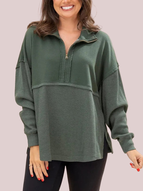 Women's Waffle Knit Spliced Half Zip Pullover