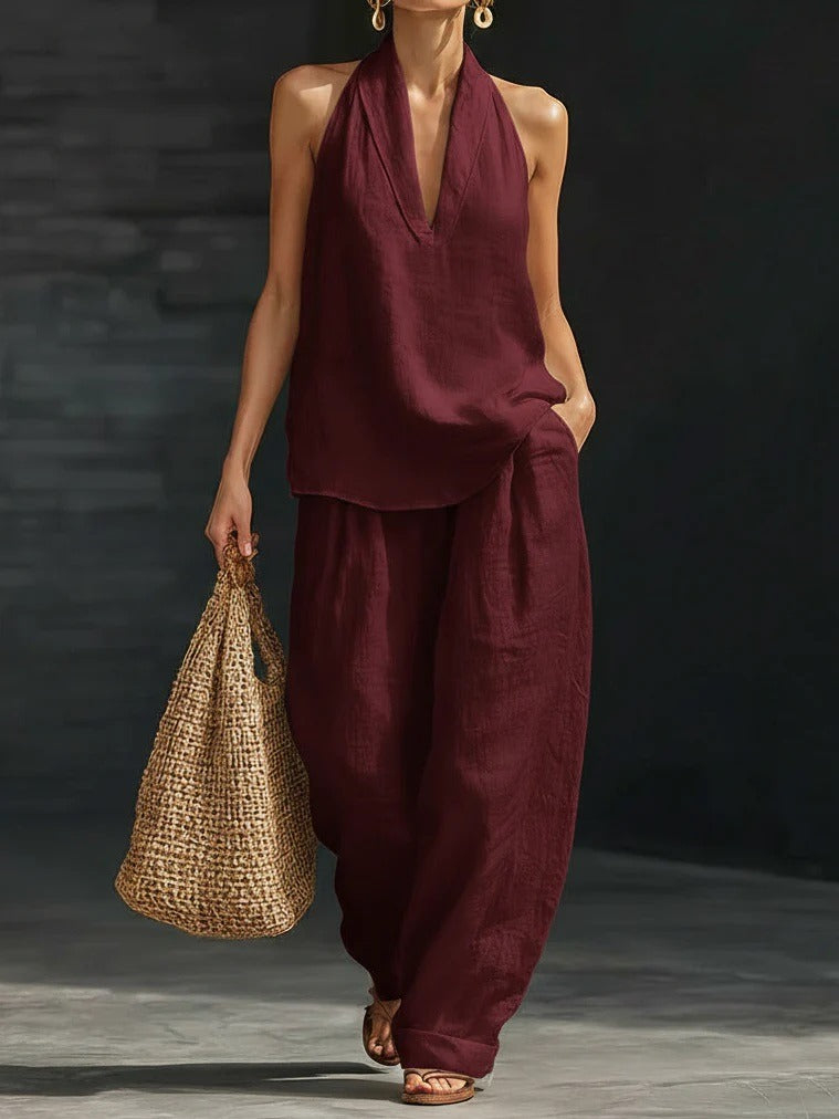 Women's Deep V‑Neck Halter Top & Wide Leg Pants Set