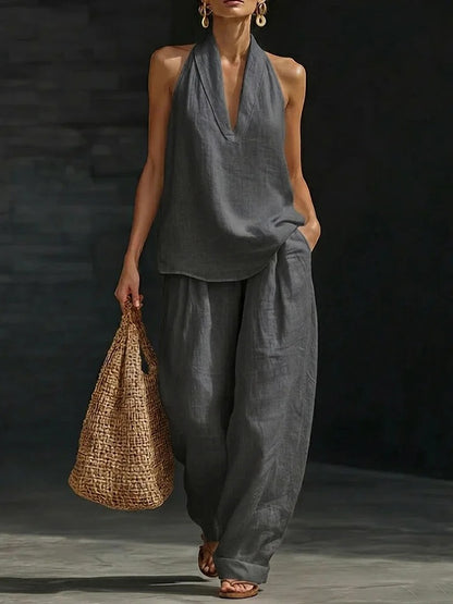 Women's Deep V‑Neck Halter Top & Wide Leg Pants Set