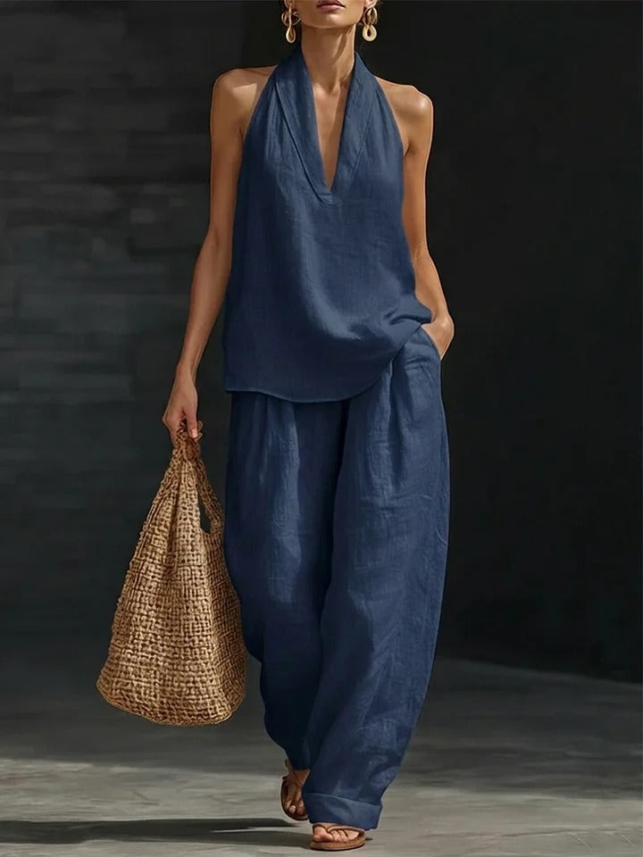 Women's Deep V‑Neck Halter Top & Wide Leg Pants Set