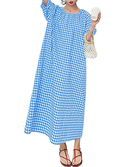 Women's Casual Gingham Puff Sleeve Maxi Dress