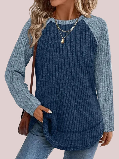 Women's Color Block Raglan Sleeve Ribbed Crewneck Tunic Blouse
