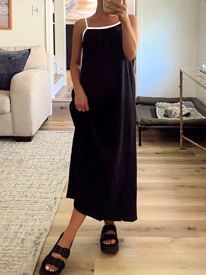 Women's Color Block Spaghetti Strap Maxi Dress with Pockets