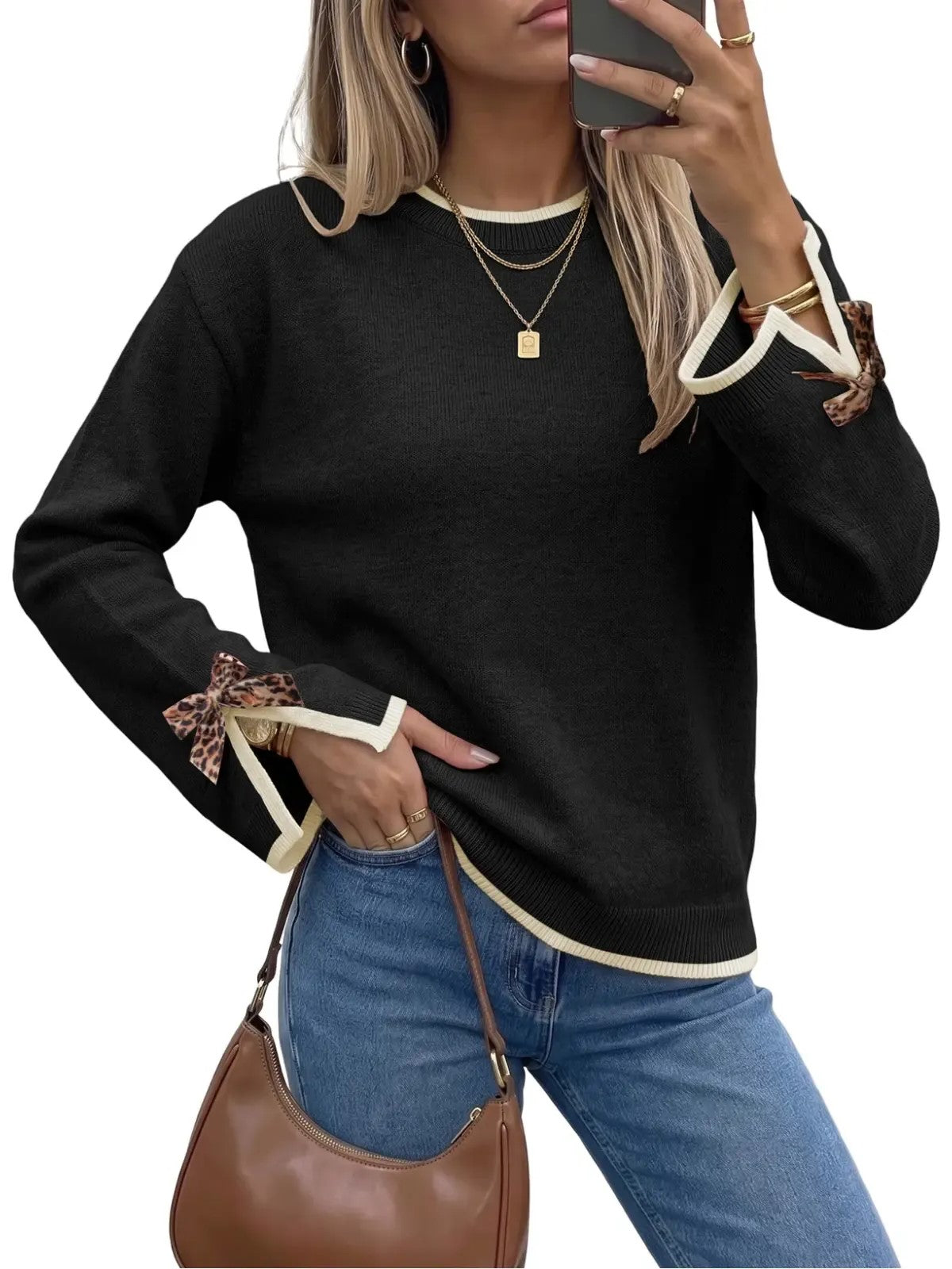 Women Crew Neck Knit Sweater With Leopard Print Bow Cuffs
