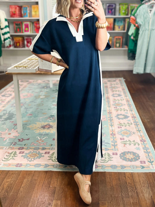 Women's Color Block V-Neck Slit Maxi Dress