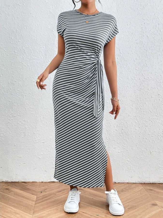 Women's Waist Slim Striped Slit Maxi Dress