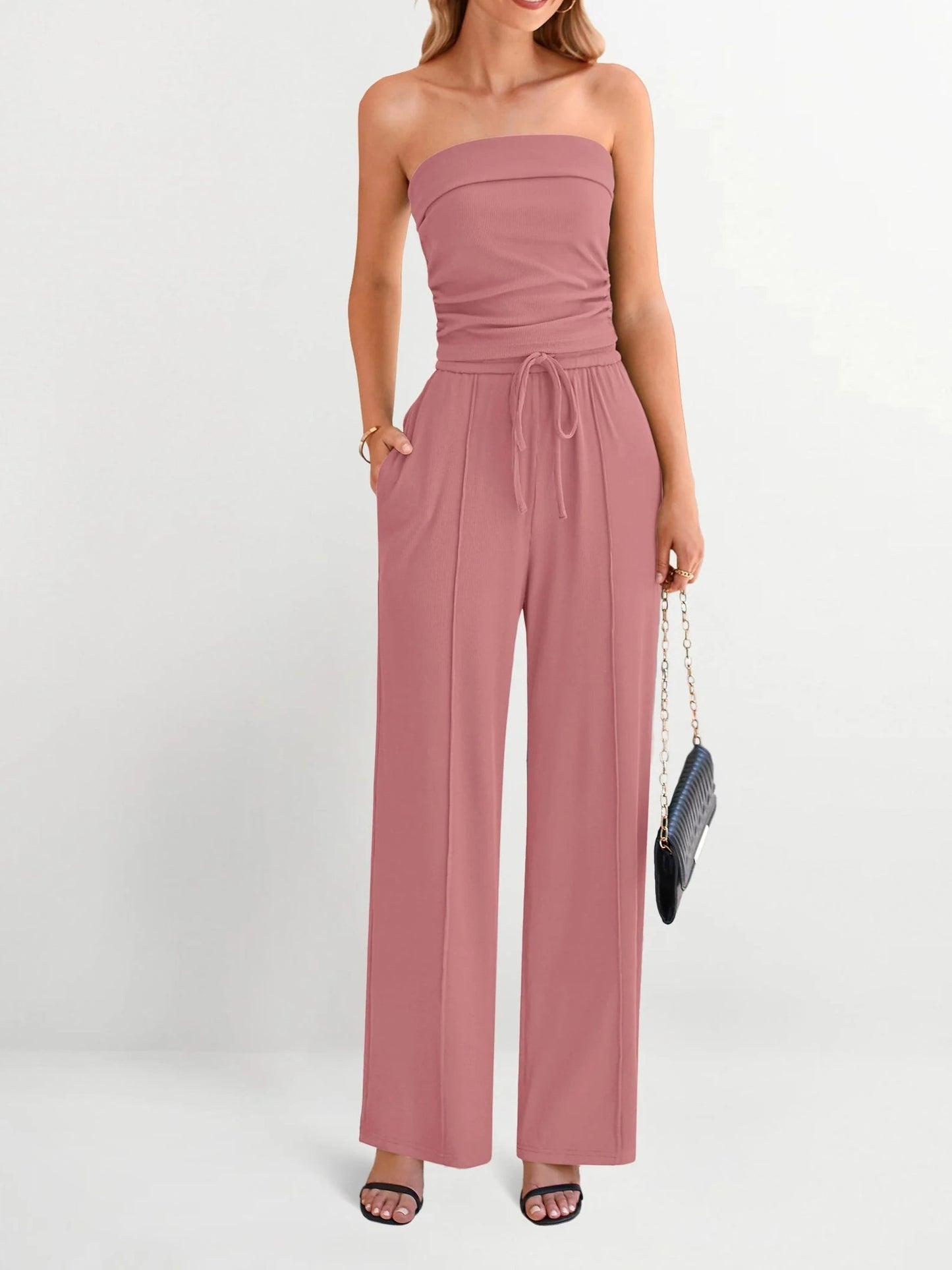 Women's Strapless Tube Top & Drawstring Wide Leg Pants Set