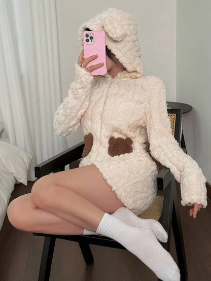 Woemn's Fuzzy Hooded Pajamas Romper