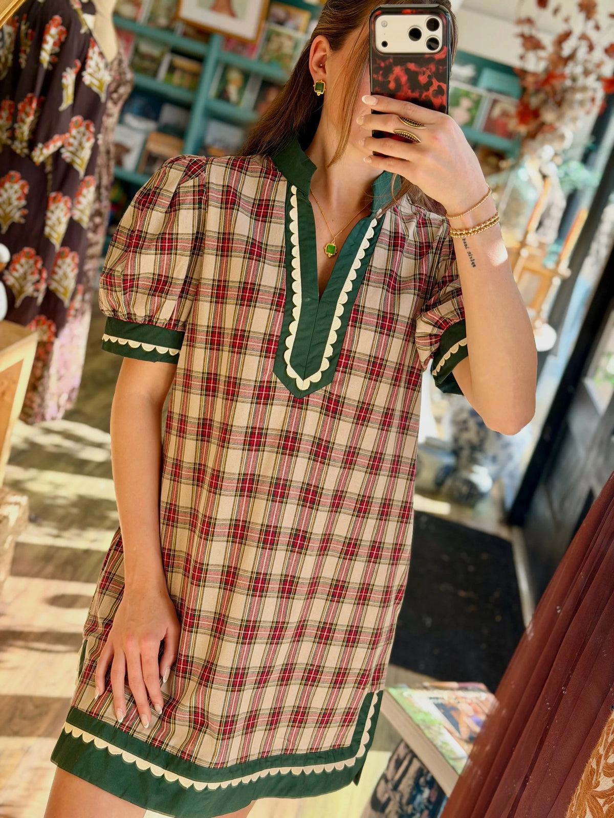 Women's Holiday Plaid Scallop Detail Short Dress