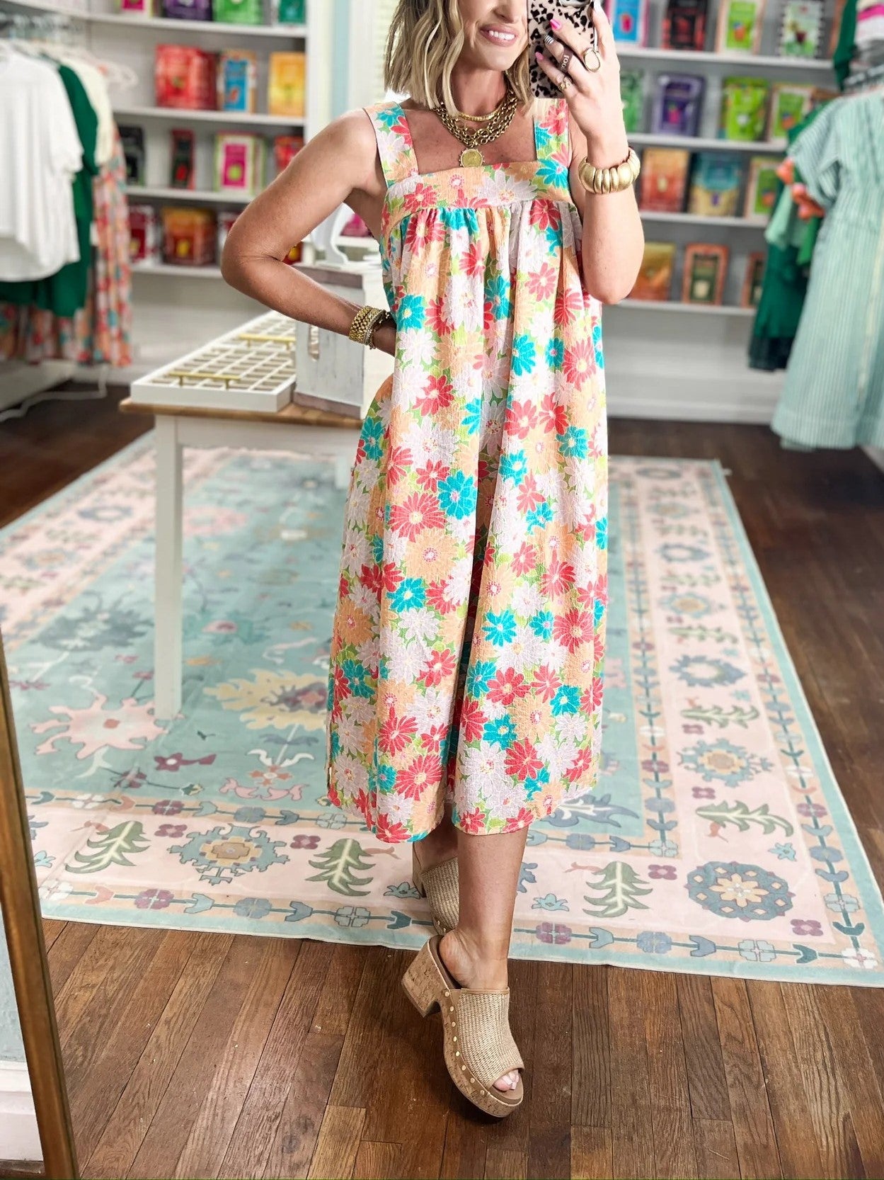 Women's Square Neck Floral Midi Dress