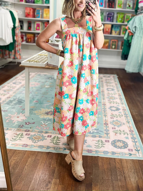 Women's Square Neck Floral Midi Dress