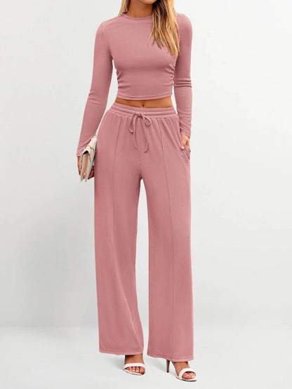Women's Stretch Co-ord Set – Mock Neck Cropped Top & High Waist Wide Leg Pants