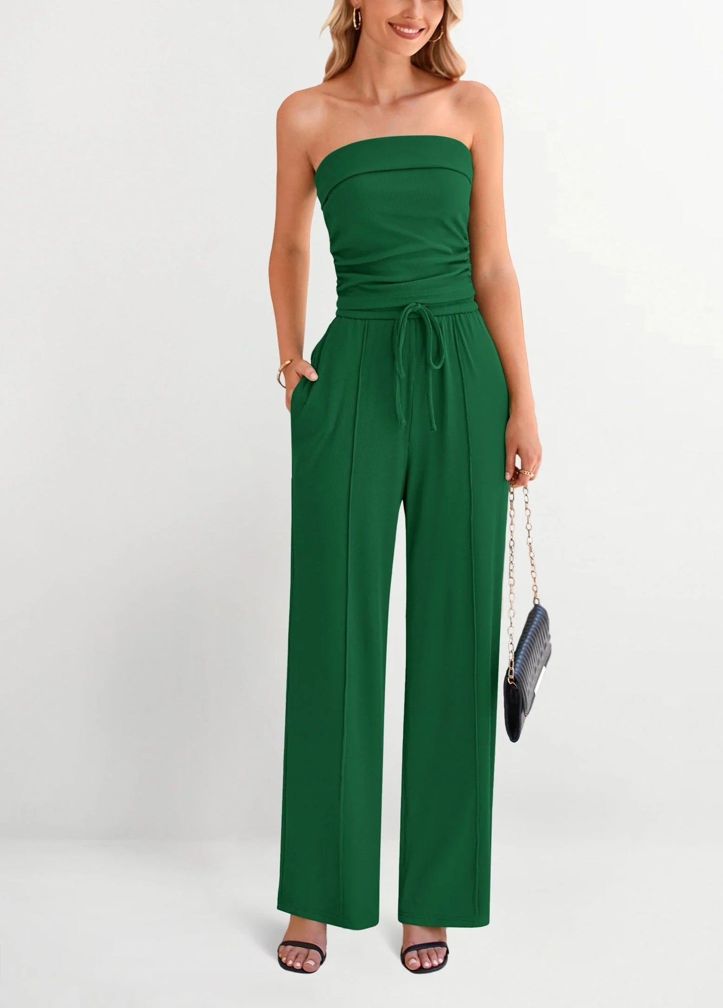 Women's Strapless Tube Top & Drawstring Wide Leg Pants Set