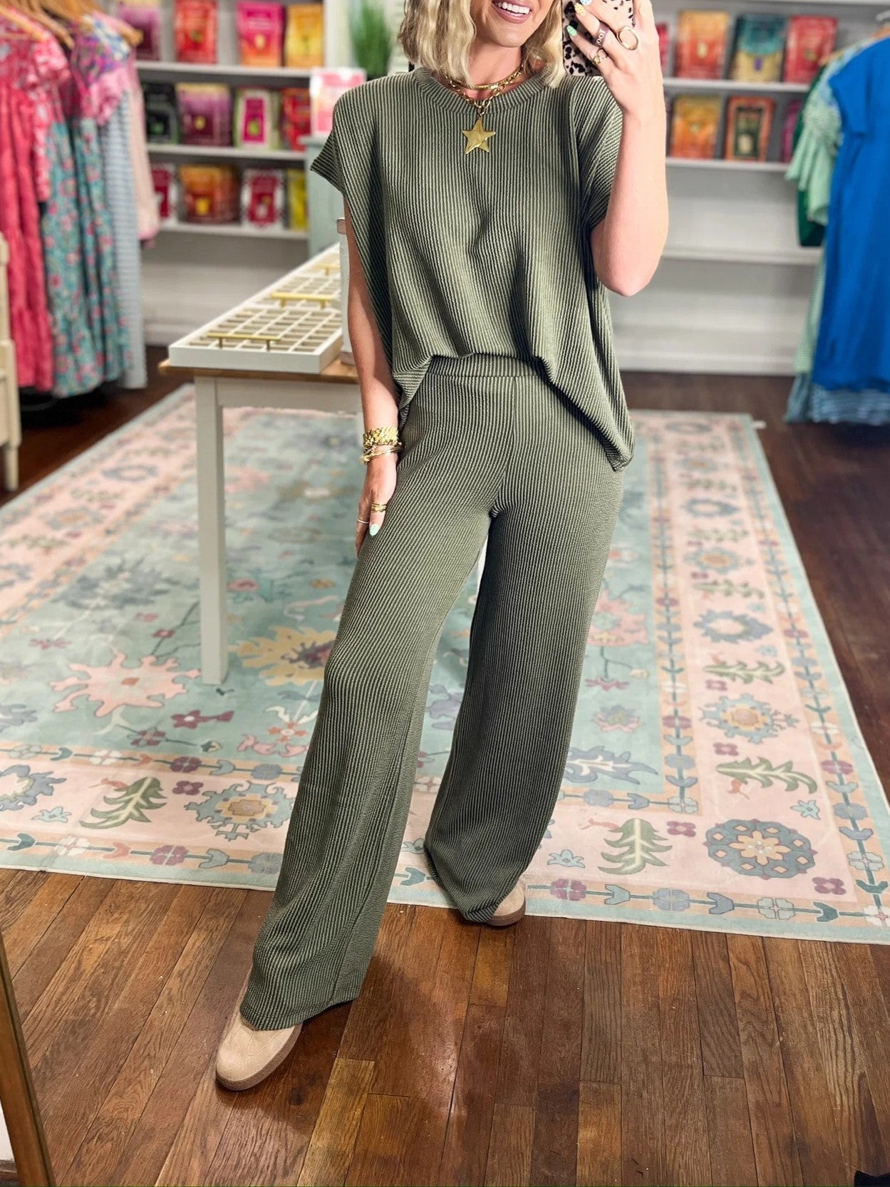 Women's Ribbed Short‑Sleeve Top & Wide Leg Pants Set