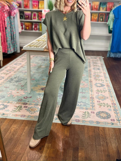 Women's Ribbed Short‑Sleeve Top & Wide Leg Pants Set