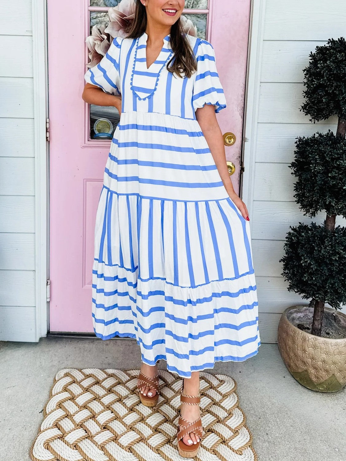 Women's V-Neck Striped Patchwork Maxi Dress with Pockets