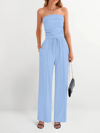 Women's Strapless Tube Top & Drawstring Wide Leg Pants Set