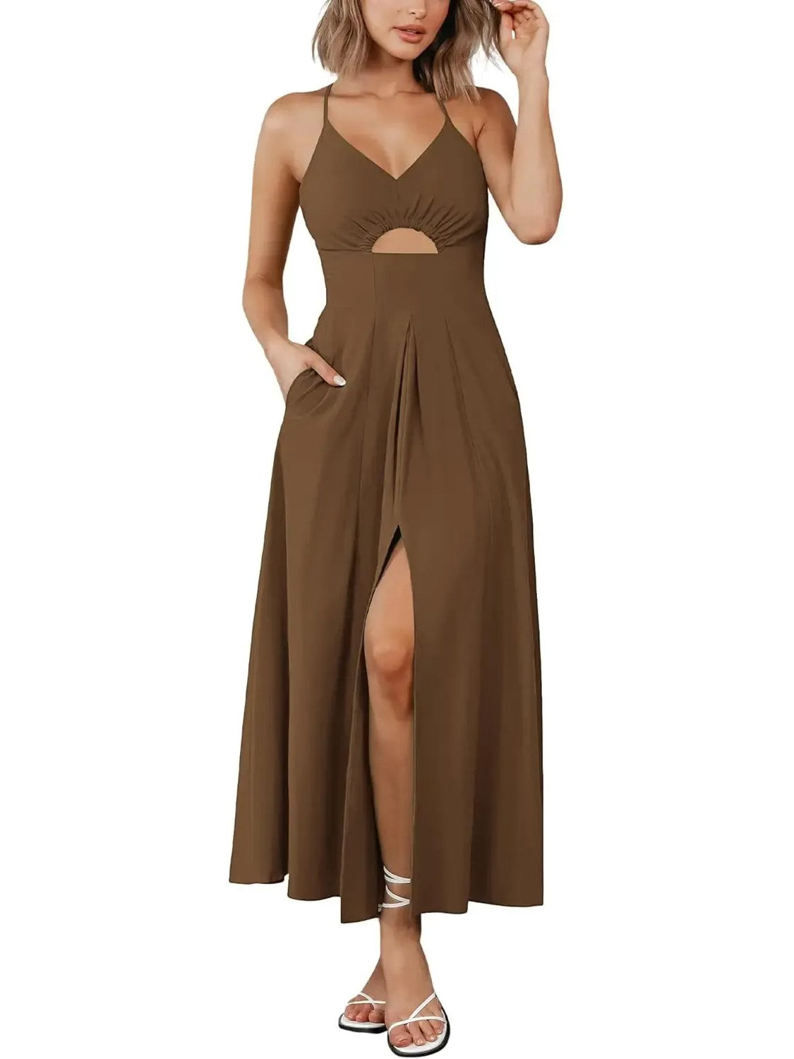 Women's Sleeveless V-Neck Cutout Cami Slit Maxi Dress