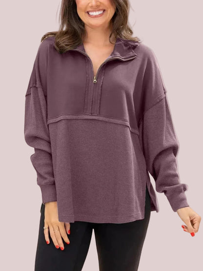 Women's Waffle Knit Spliced Half Zip Pullover