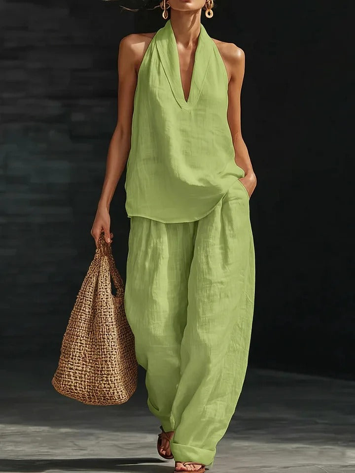 Women's Deep V‑Neck Halter Top & Wide Leg Pants Set