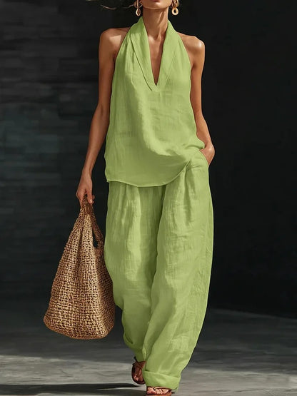 Women's Deep V‑Neck Halter Top & Wide Leg Pants Set