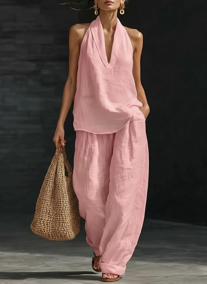 Women's Deep V‑Neck Halter Top & Wide Leg Pants Set