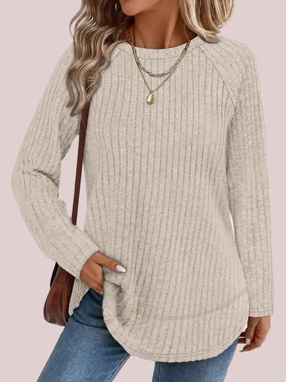 Women's Color Block Raglan Sleeve Ribbed Crewneck Tunic Blouse