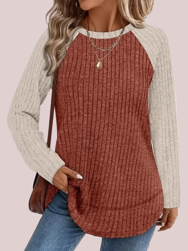 Women's Color Block Raglan Sleeve Ribbed Crewneck Tunic Blouse
