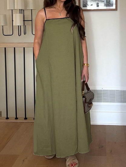 Women's Color Block Spaghetti Strap Maxi Dress with Pockets