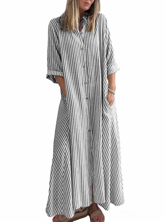 Women's Striped Button Front Shirt Maxi Dress