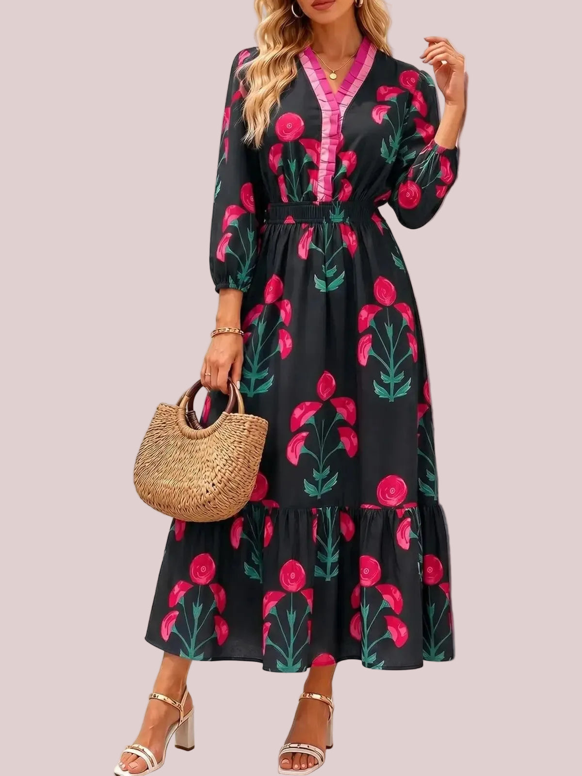 Women's Bohemian Floral Printed Tiered Midi Dress with Elastic Waist