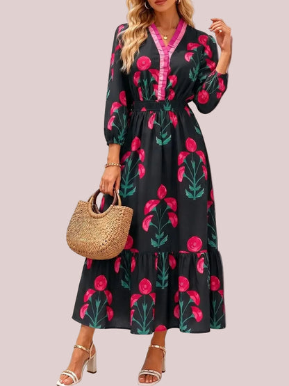 Women's Bohemian Floral Printed Tiered Midi Dress with Elastic Waist