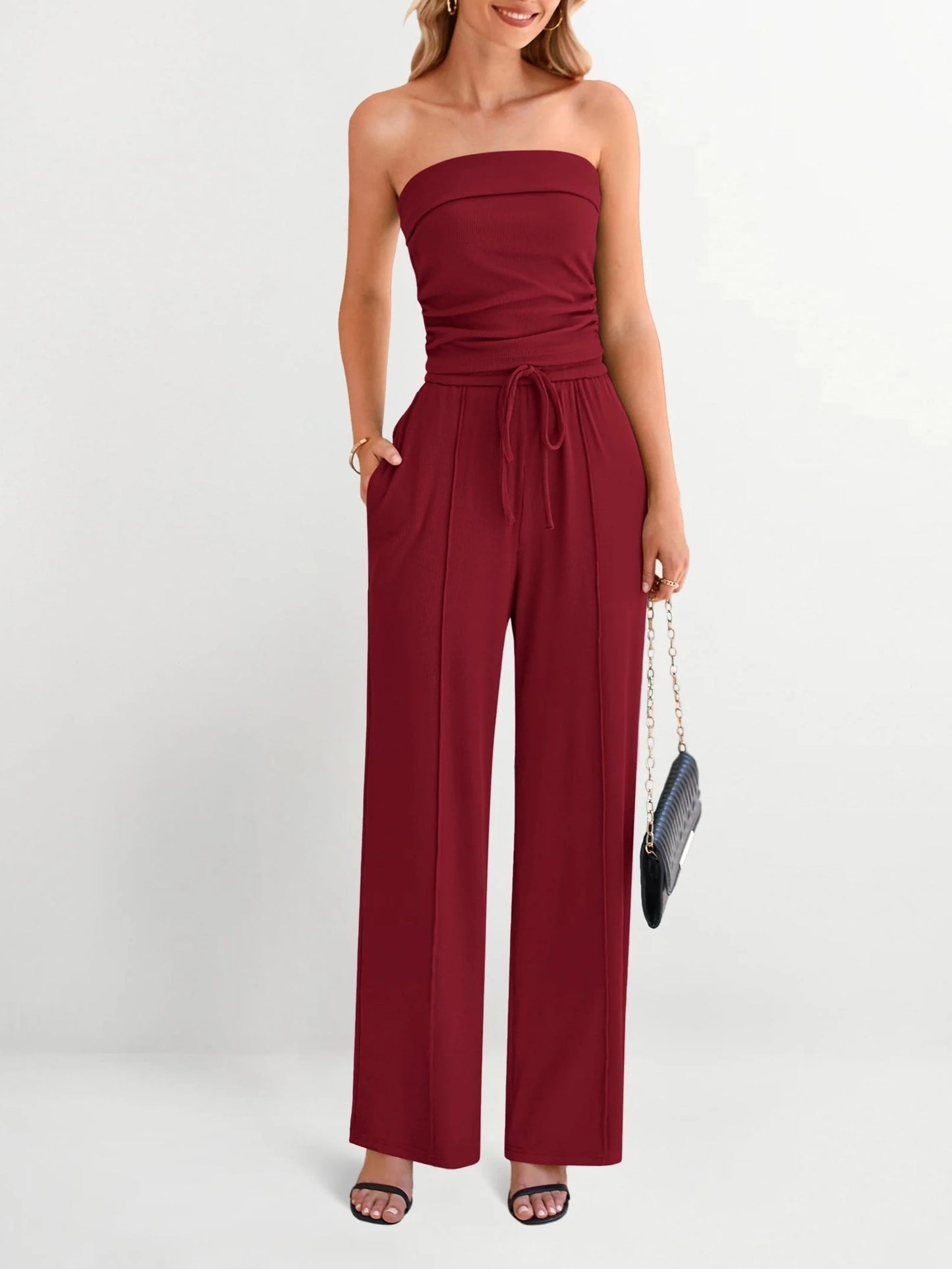 Women's Strapless Tube Top & Drawstring Wide Leg Pants Set