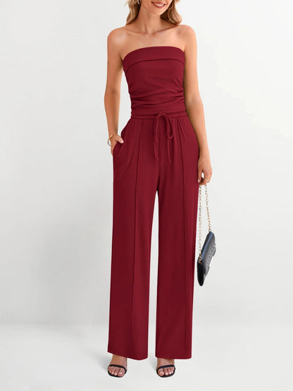 Women's Strapless Tube Top & Drawstring Wide Leg Pants Set