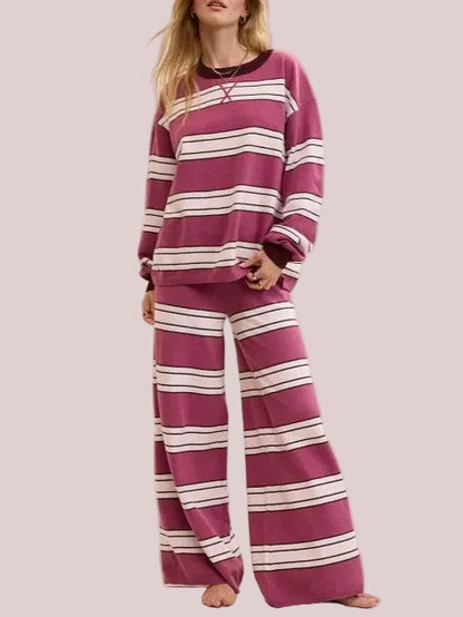 Women's Retro Striped Long Sleeve Wide Leg Loungewear 2 Piece Set