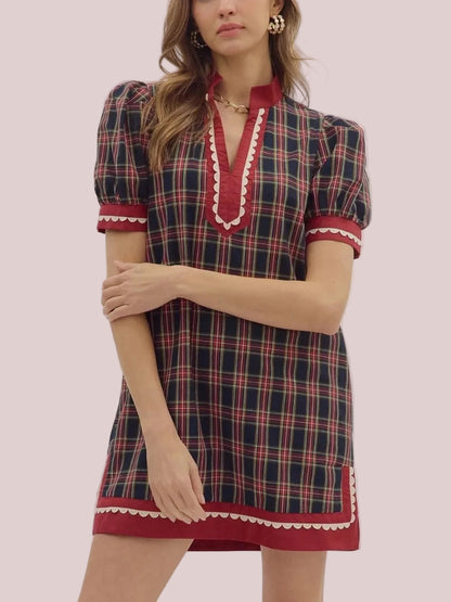 Women's Holiday Plaid Scallop Detail Short Dress