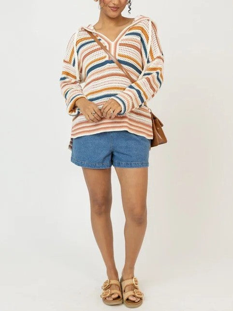 Women's Striped Hollow Knit Hooded Top