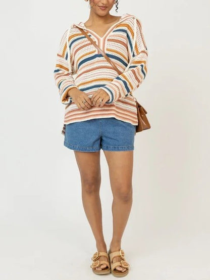 Women's Striped Hollow Knit Hooded Top