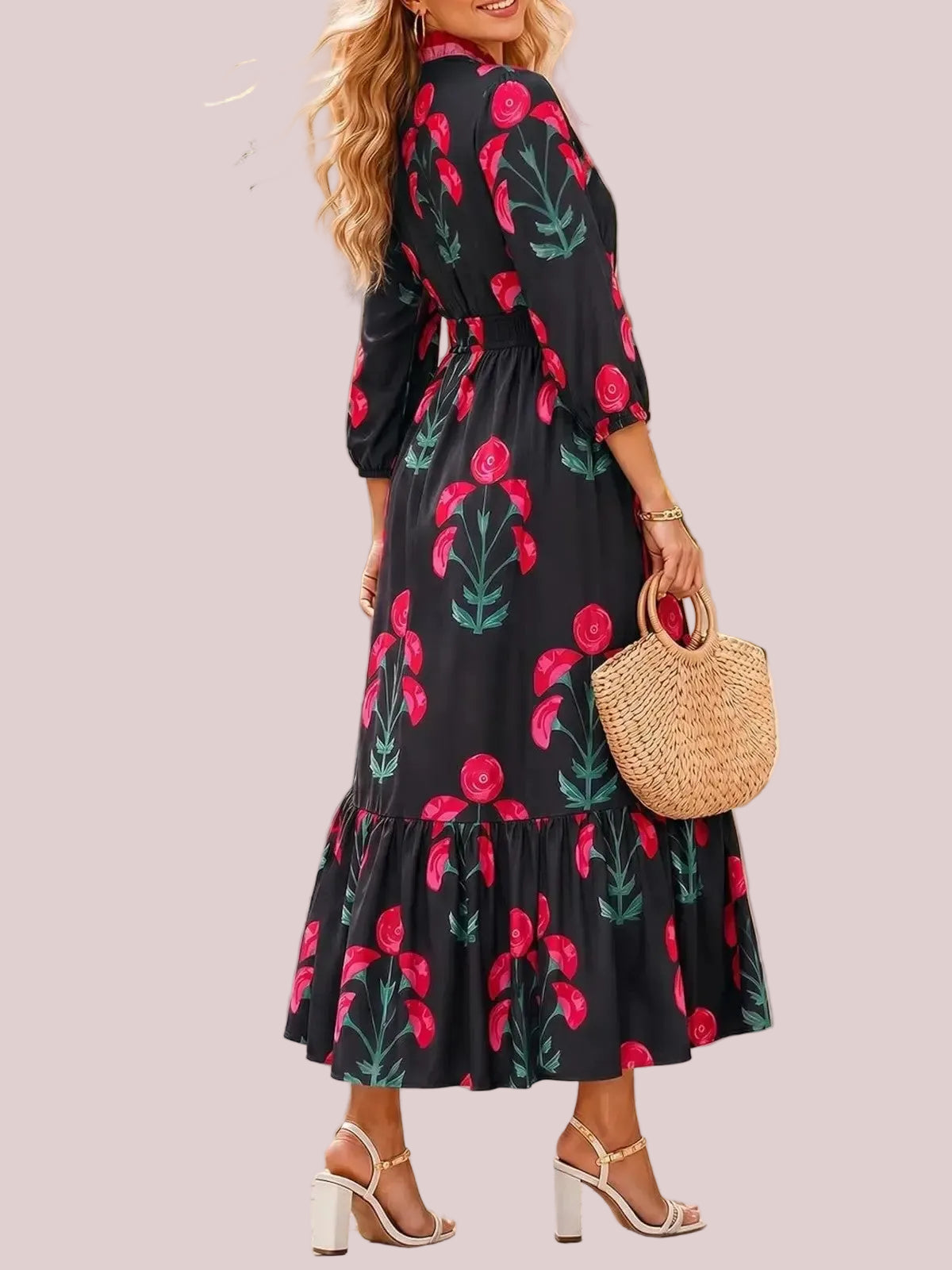 Women's Bohemian Floral Printed Tiered Midi Dress with Elastic Waist