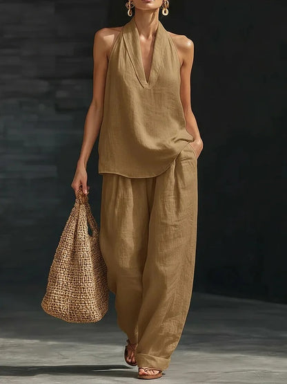 Women's Deep V‑Neck Halter Top & Wide Leg Pants Set