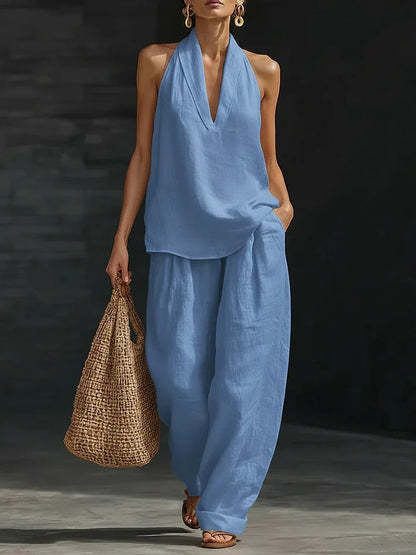 Women's Deep V‑Neck Halter Top & Wide Leg Pants Set
