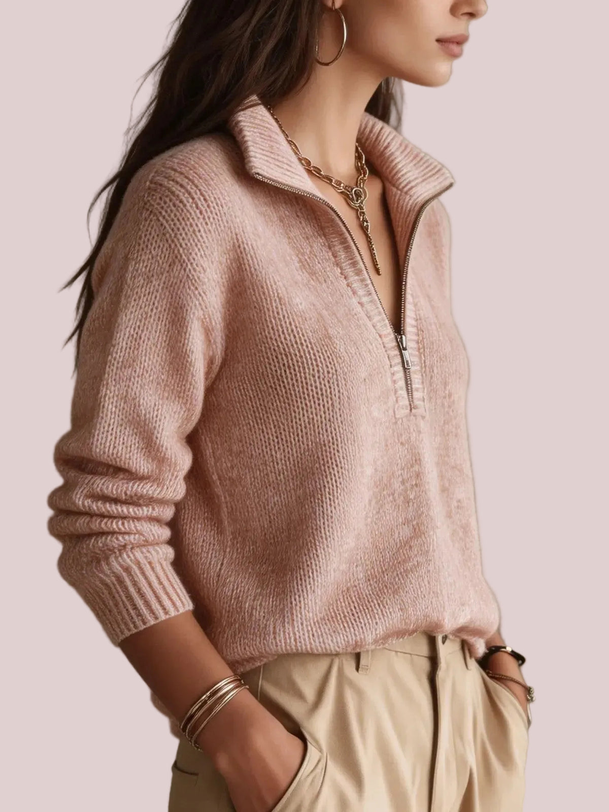 Women's Relaxed Fit Half Zip Textured Knit Top