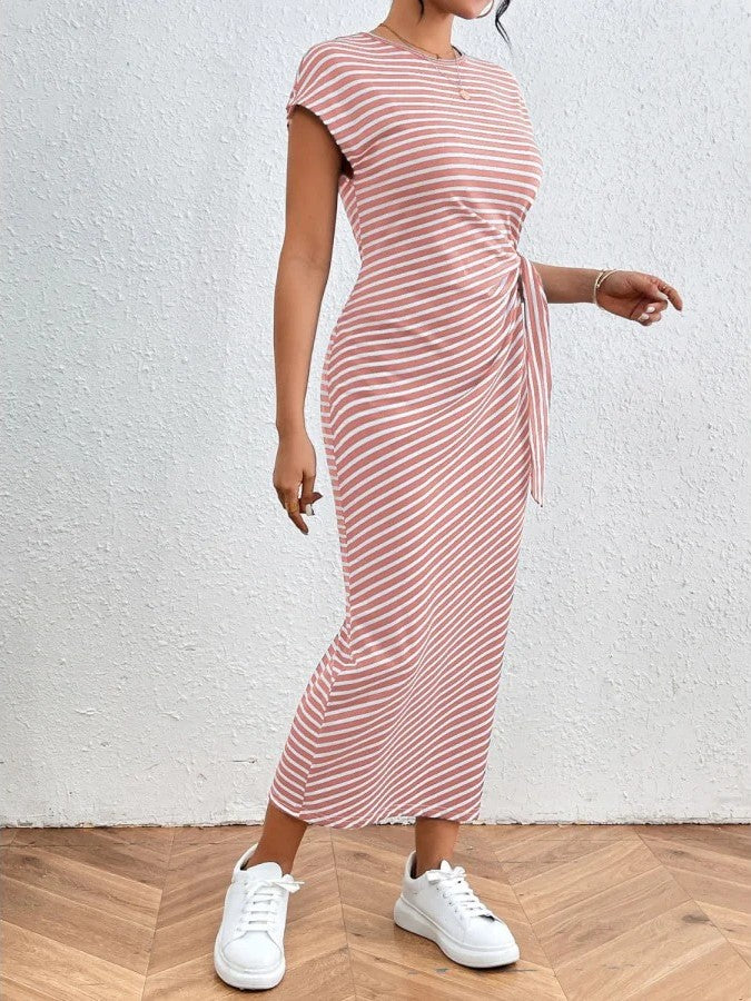 Women's Waist Slim Striped Slit Maxi Dress