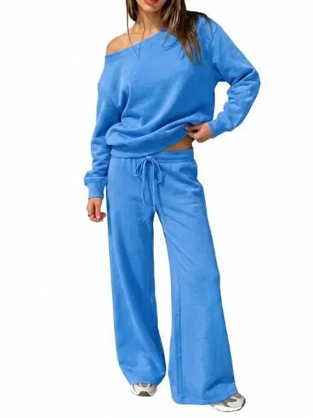 Women's Off-Shoulder Sweatshirt & Wide Leg Pants Set