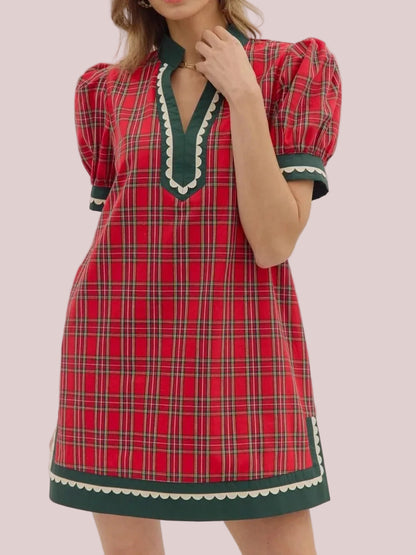 Women's Holiday Plaid Scallop Detail Short Dress