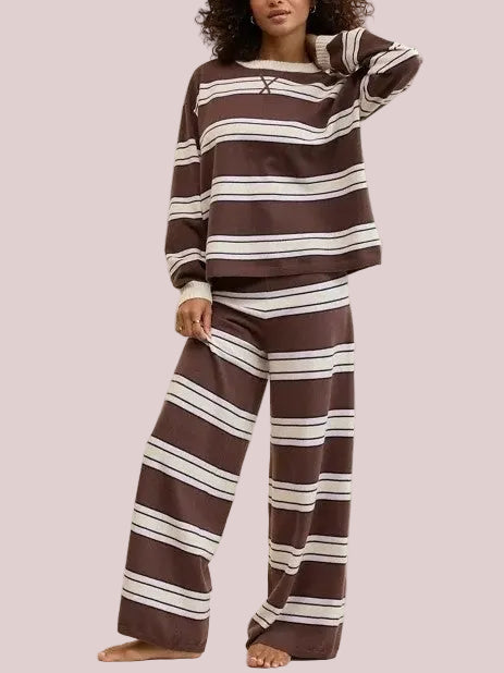 Women's Retro Striped Long Sleeve Wide Leg Loungewear 2 Piece Set