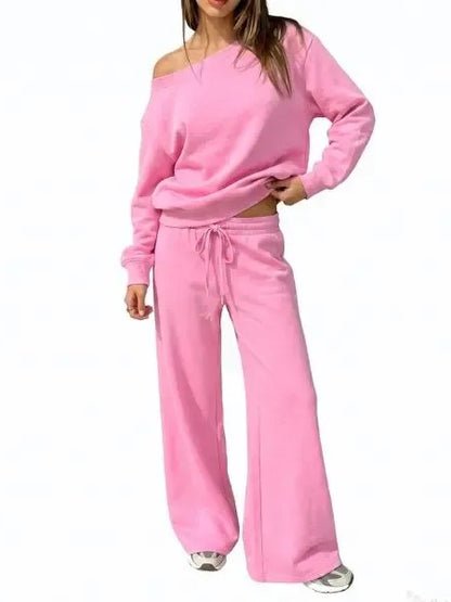 Women's Off-Shoulder Sweatshirt & Wide Leg Pants Set