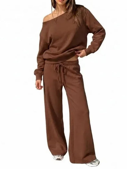 Women's Off-Shoulder Sweatshirt & Wide Leg Pants Set