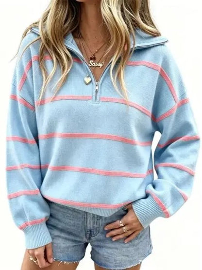Women's Casual Oversized Zip‑Front Striped Top
